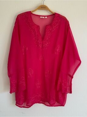 Vintage Pareo Fairy Top Blouse Beach Cover Sheer Overlay Hot Pink Embroidered